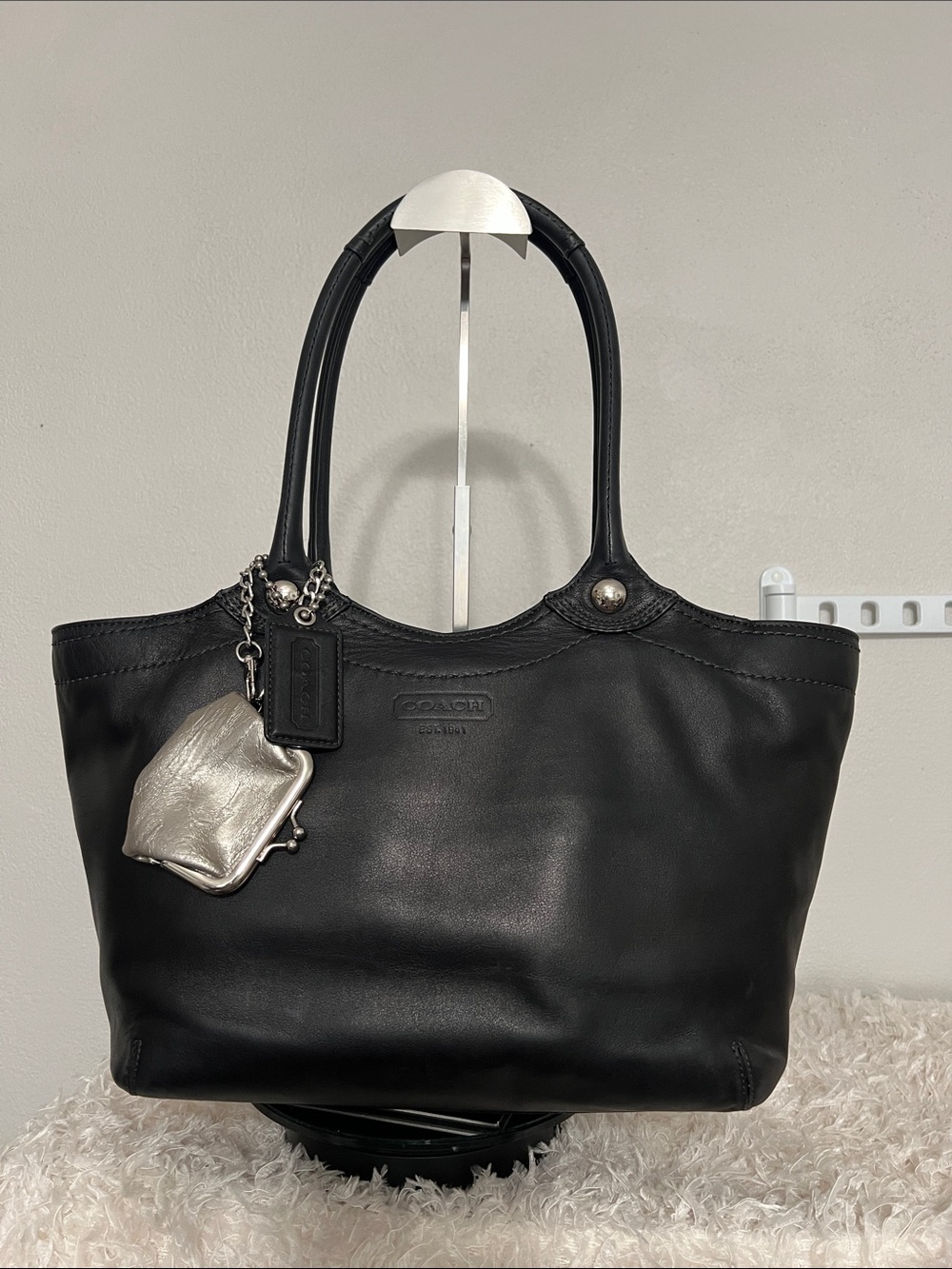 Coach Legacy Bleeker Black Leather Tote with Silver Charm Coin Pouch
